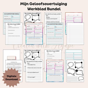 Pode incluir: Um pacote de download digital de folhas de trabalho imprimíveis em holandês, intitulado "Mijn Geloofsovertuiging Werkblad Bundel". As folhas de trabalho são projetadas para ajudar as pessoas a explorar sua fé e crenças. As folhas de trabalho apresentam uma variedade de prompts e perguntas para ajudar as pessoas a refletir sobre sua jornada de fé.