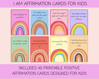 Kids Daily Rainbow Affirmation Cards | Positivity Cards | 40 Printable Affirmations | Kids Affirmations | Lunchbox Cards | Daily Empowerment