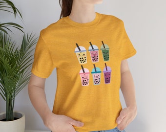 Happy Bubble Tea Unisex Cotton Blend Tee Trendy Boba Tea T-Shirt Colorful Bubble Tea Graphic Tee