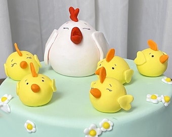 Cake Set Fondant Chicken and Chicks, Farm Cake Topper, Chicken Cake Topper,