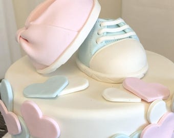 Baby Booties Fondant Cake Topper and Heart Decorations for Gender Reveal