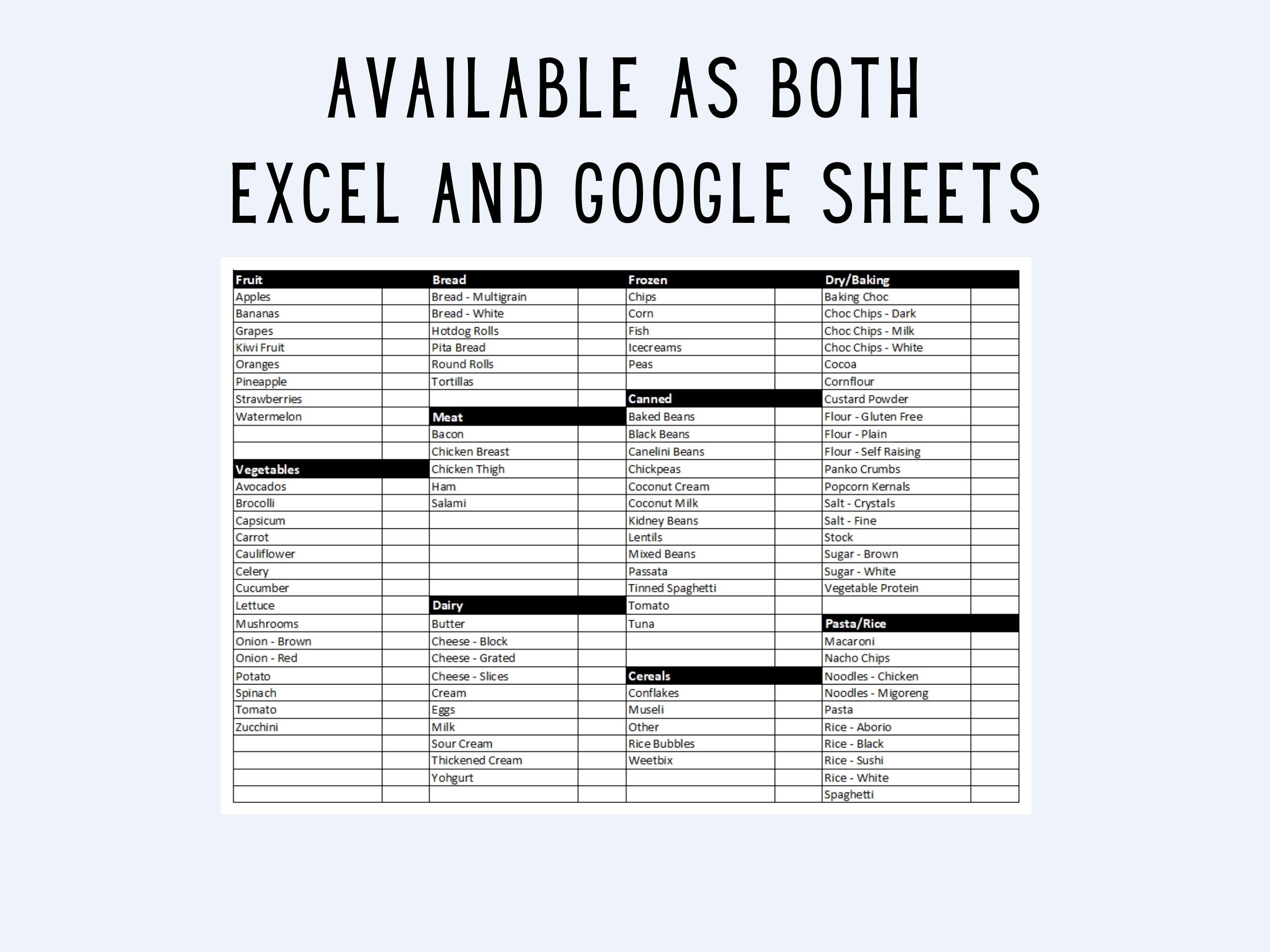 Editable and Printable Master Grocery List Spreadsheet, Grocery Planner