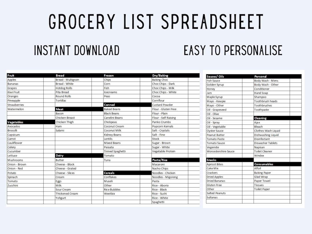 Editable and Printable Master Grocery List Spreadsheet, Grocery Planner ...