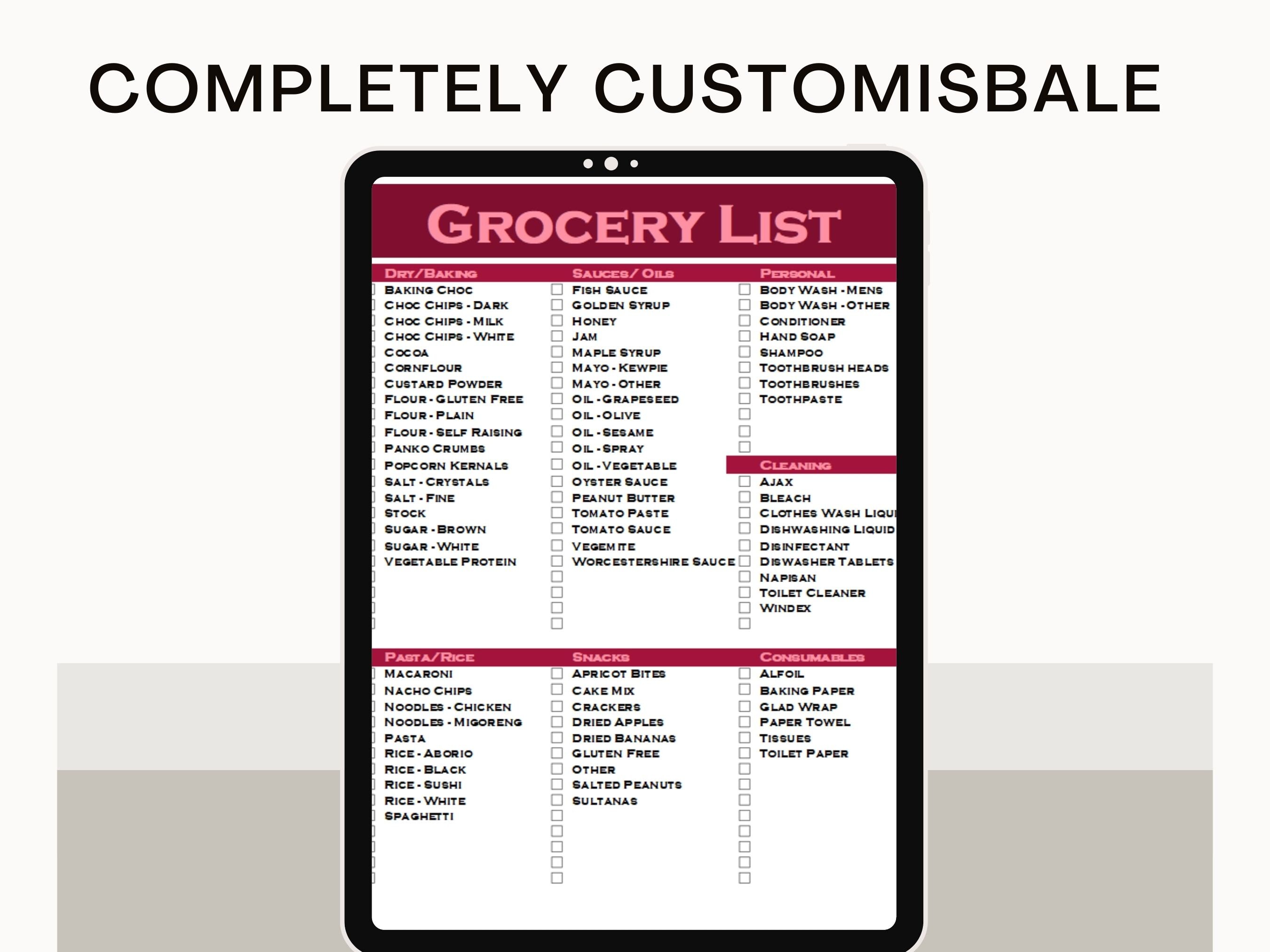Editable and Printable Master Grocery List Spreadsheet, Grocery Planner, Food Shopping List ...