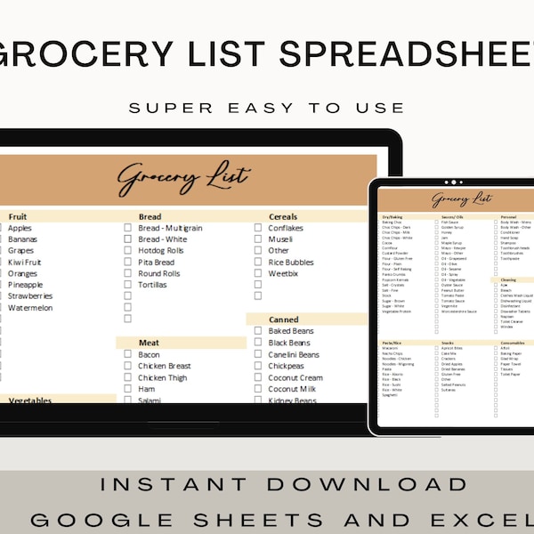 Editable and Printable Master Grocery List Spreadsheet, Grocery Planner, Food Shopping List, Excel, Instant Download, Goodnotes, Notability