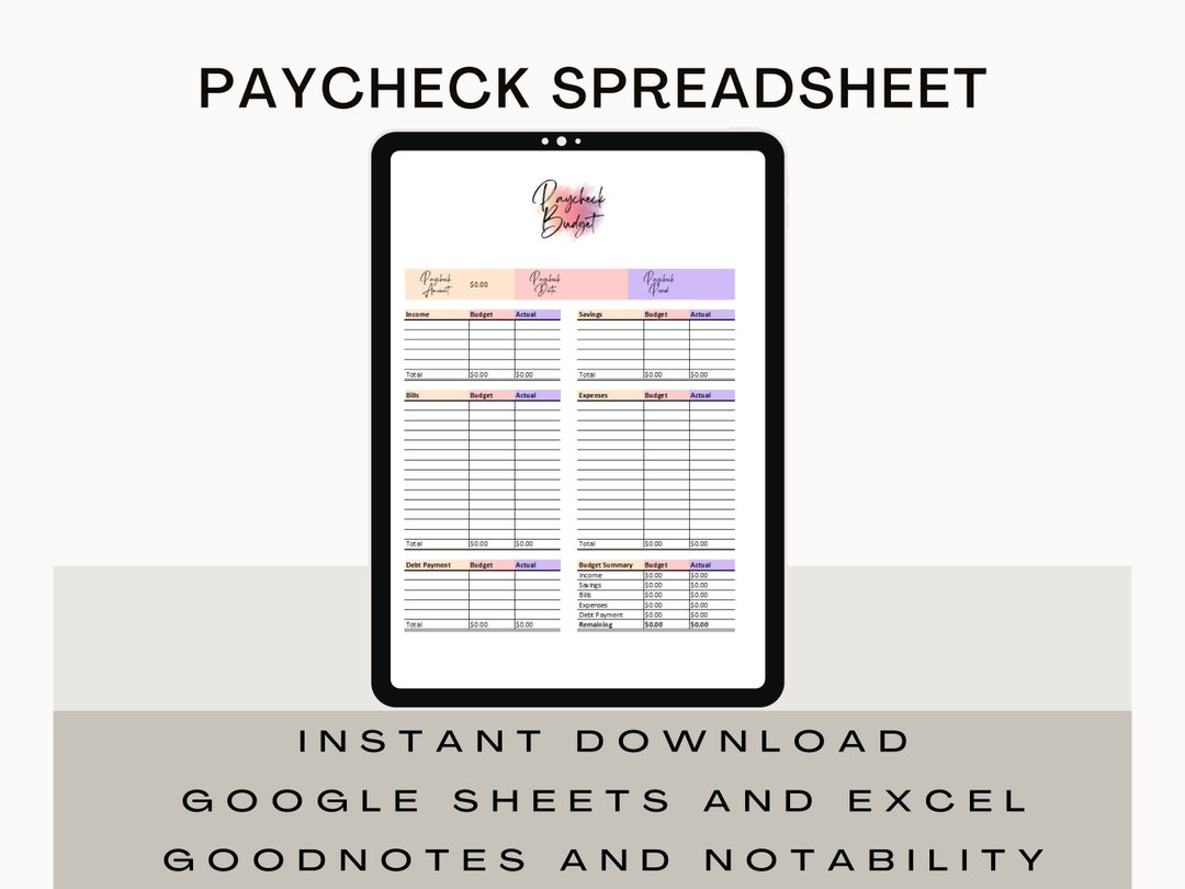 Paycheck Budget Spreadsheet Excel and Template for Google Sheets ...