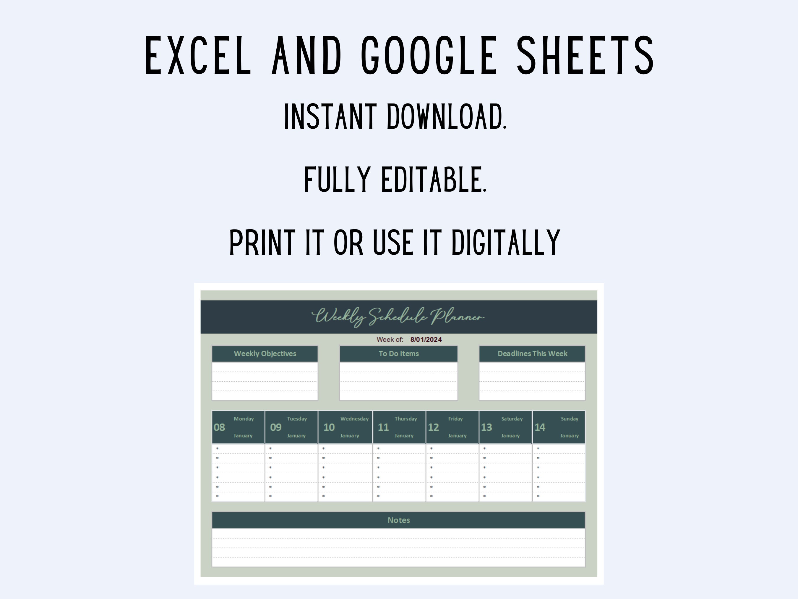 Weekly Planner Spreadsheet &amp; Printable, Minimalist Weekly Schedule ...