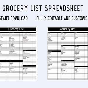 Bearbeitbare und druckbare Einkaufsliste Tabelle, Lebensmittel Einkaufsliste Planer, Lebensmittel Einkaufsliste, Excel und Google Sheets, Sofort Download