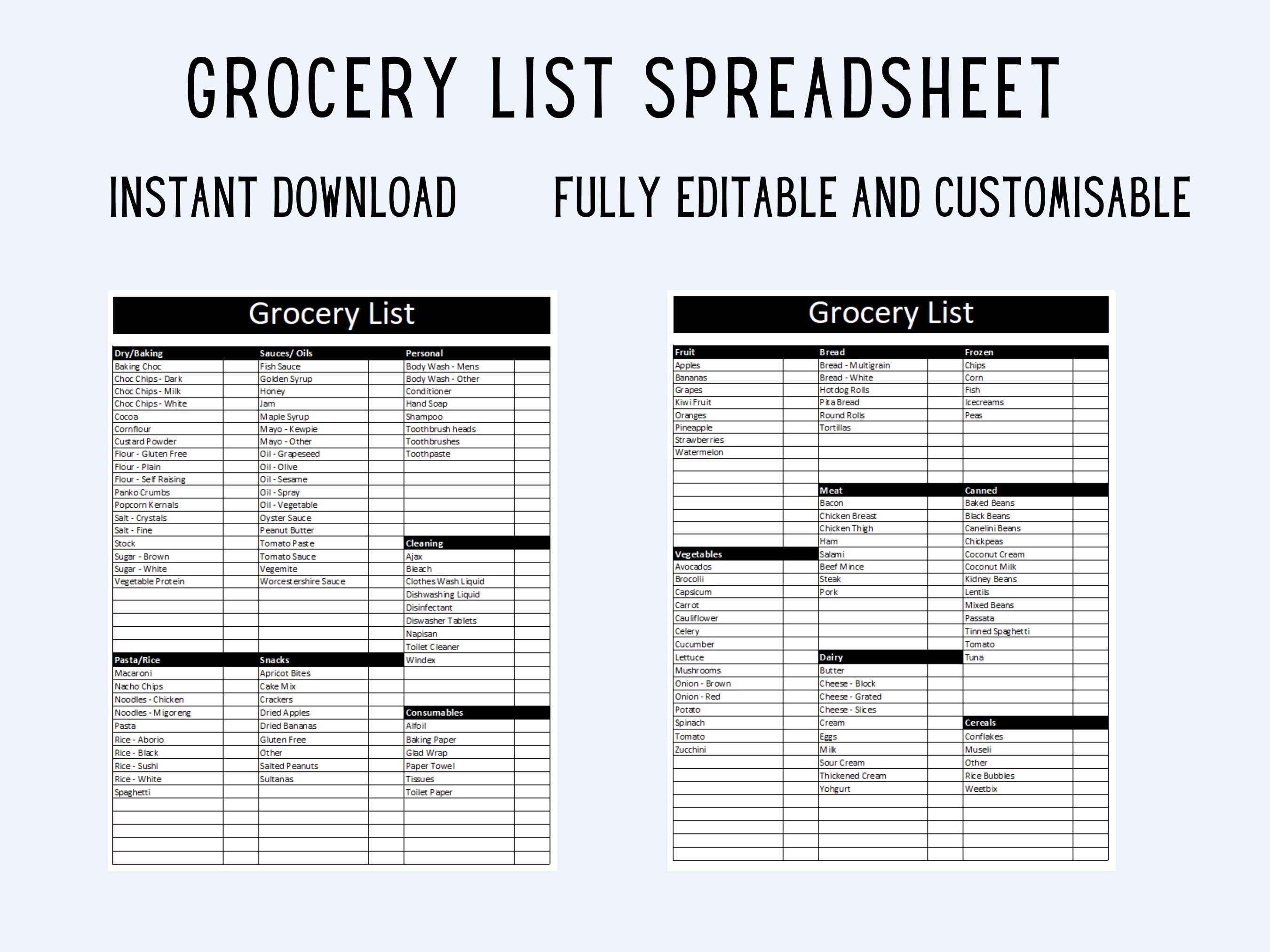 Editable and Printable Grocery List Spreadsheet, Grocery List Planner ...