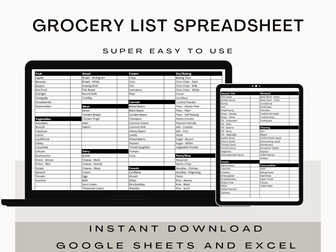 Editable and Printable Master Grocery List Spreadsheet, Grocery Planner ...