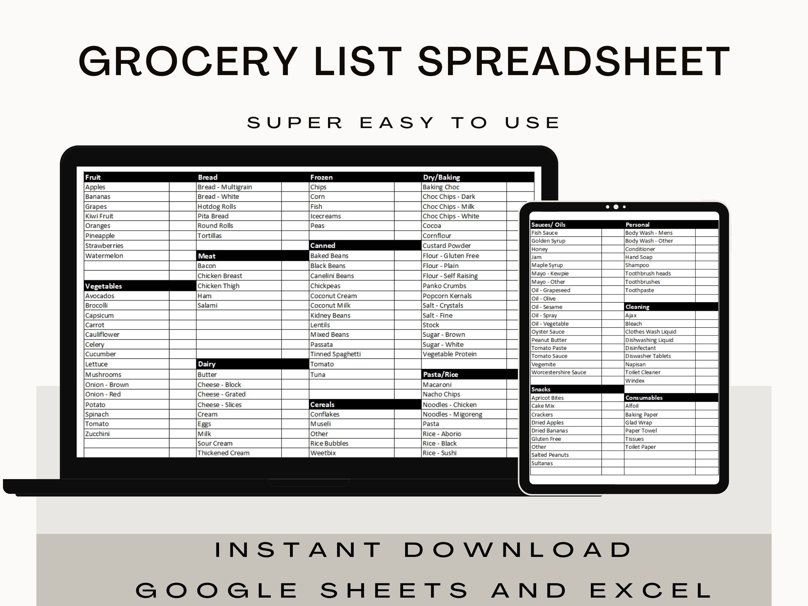 Editable and Printable Master Grocery List Spreadsheet, Grocery Planner