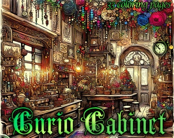 May include: A detailed illustration of a curio cabinet filled with various items, including candles, books, and other decorative objects. The cabinet is made of wood and has a glass door. The text "Curio Cabinet" is written in green letters at the bottom of the image.