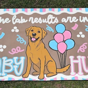 May include: A rectangular banner featuring a brown Labrador retriever illustration, pink and blue balloons, and confetti. The text reads "The lab results are in!" at the top and "Baby Huff" at the bottom. The border has pink and blue stripes.