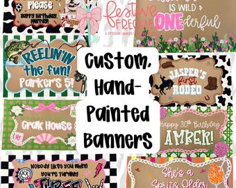 May include: A collection of rectangular hand-painted banners featuring various themes including cow print, green stripes, and checkered patterns. Each banner displays unique text, illustrations, and decorative borders for birthdays and special events.