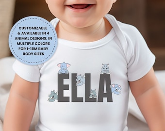 Customizable Baby Body with Animal Design, Unisex Baby Body 0-18 Months, Customized Short Sleeve Bodysuit, Gift for Baby Party