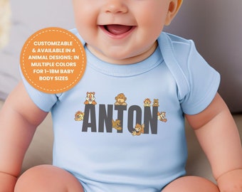 Customizable Baby Body with Animal Design, Unisex Baby Body 0-18 Months, Customized Short Sleeve Bodysuit, Gift for Baby Party