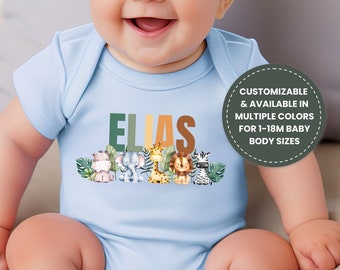 Aanpasbare babybody met dieren, unisex babybody met junglemotieven, op maat gemaakte bodysuit met korte mouwen, gepersonaliseerd cadeau voor babyfeest