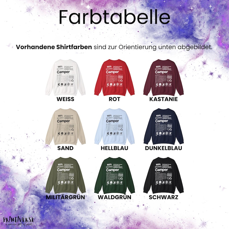 May include: A color chart displays various crewneck sweatshirts in different colors. The available colors are white, red, maroon, beige, light blue, navy, olive green, dark green, and black. Each sweatshirt has the word "Camper" printed on it.