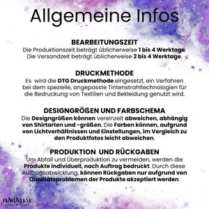 May include: A white graphic with the text "Allgemeine Infos" at the top, followed by details about production time, printing method, design sizes, color schemes, production, and returns. The Printiverse logo is at the bottom.