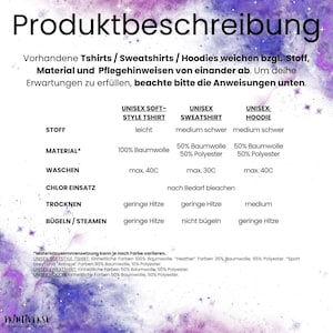 May include: A product description chart with the title "Produktbeschreibung" in German. The chart details fabric, material, washing, chlorine use, drying, and ironing instructions for Unisex Soft-Style T-shirts, Sweatshirts, and Hoodies.