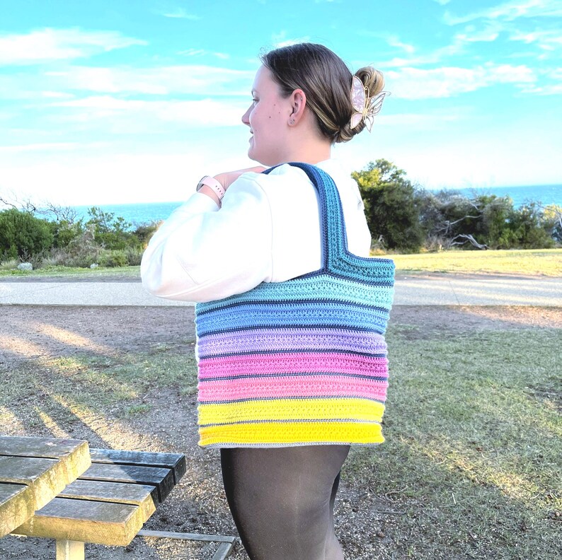 Aurora Stardust Reversible Tote Bag crochet pattern – digital PDF pattern for a stylish, two-in-one handmade tote bag. Features a colorful, textured stitch design with clear step-by-step instructions and photo guides. Perfect for everyday use, shopping, or as a unique gift. This easy-to-follow crochet pattern is beginner-friendly and instantly downloadable. A fun and creative DIY bag project for crochet lovers