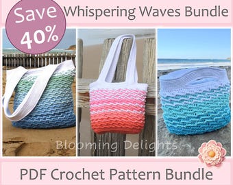 Whispering Waves Crochet Bag Pattern Bundle – 3-in-1 PDF Patterns: Tote Bag, Carry Bag & Handbag (PDF Digital Download)