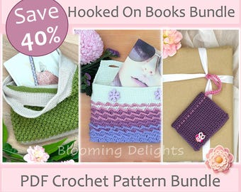 Hooked on Books Crochet Pattern Bundle – 3-in-1 – Save 40% – Gift Tag, Book Cover & Carry Bag – Readers Gift Set – Crochet for Book Lovers