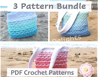 3-in-1 PDF Patterns Set - Whispering Waves Crochet Bag Pattern Bundle: Tote Bag, Carry Bag & Handbag – Digital Download Only Crochet Pattern