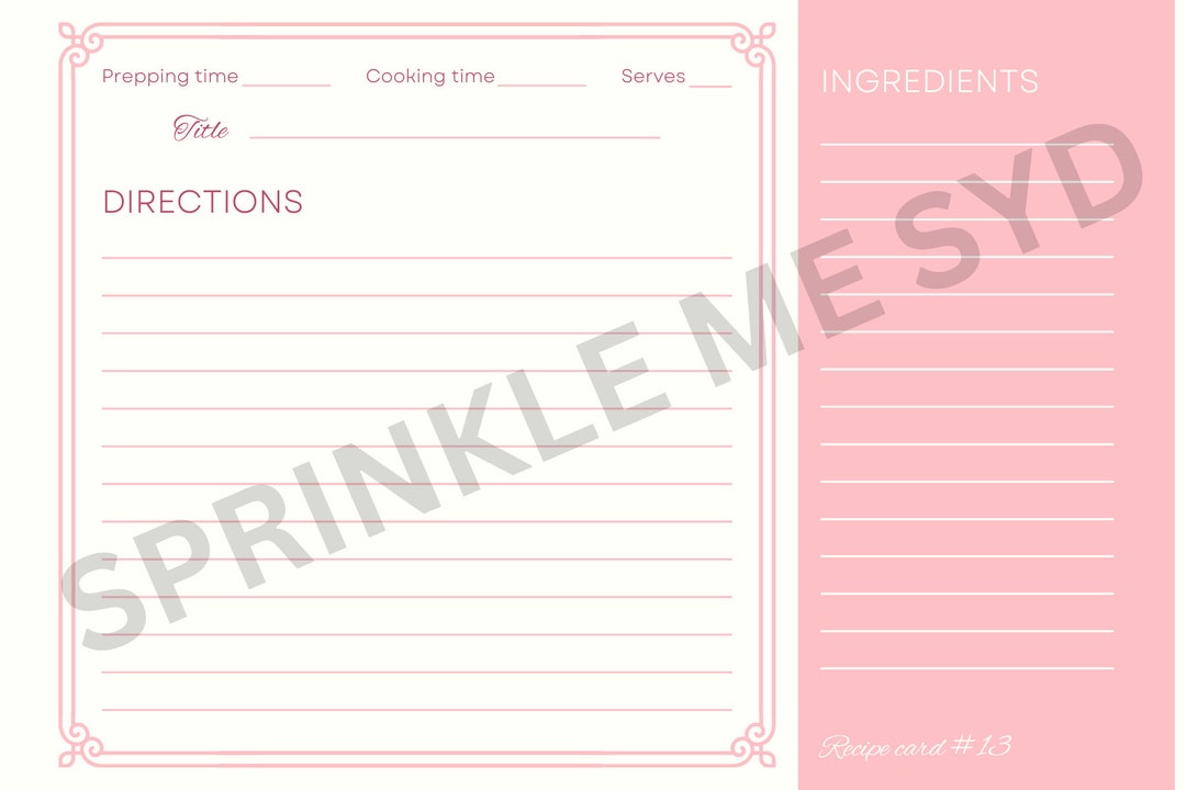 Pink Recipe Card, Printable, Digital Download, Recipe Card Template ...