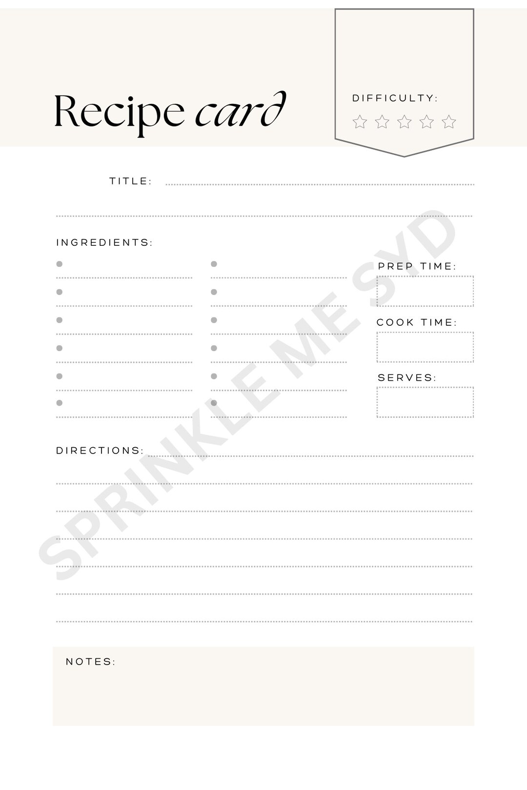 Recipe Card, Printable, Digital Download, Recipe Card Template ...
