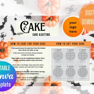 May include: A digital download Canva template with cake care and cutting instructions. The design features orange pumpkins, bats, and spiders, with text including "Cake Care & Cutting" and "Digital Download."