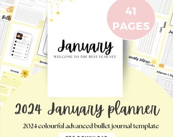 2024 January planner | January template | bullett journal | pdf | digital | colourful | monthly tracker | printable | Notebook | Organised