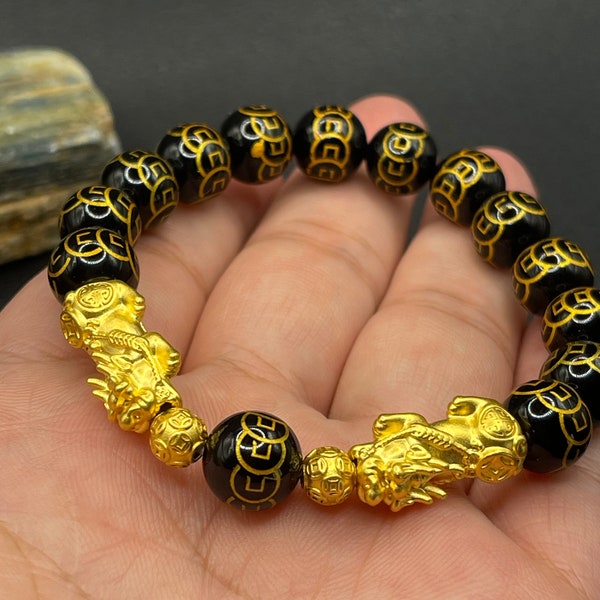 24K Real Gold Pixiu Feng Shui Bracelet with Onyx Coin Beads, Lucky Bracelet, Birthday Gifts, 24k Gold Bracelet for Unisex
