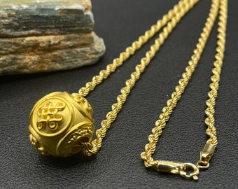 24K Pure Gold 17mm Infinity Ball Pendant Necklace - 18K Gold Twisted Rope Chain, 20" Rope Chain, 22" Rope Chain, 18K Gold Necklace