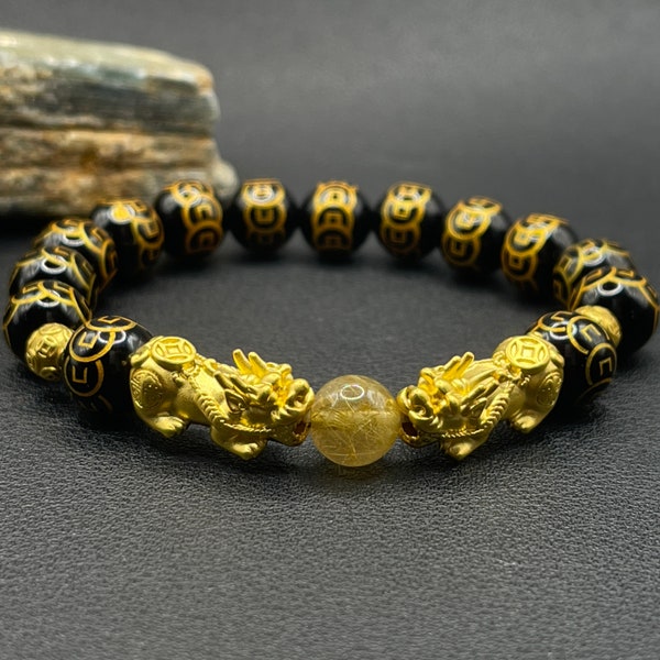 24K Real Gold Pixiu Feng Shui Bracelet with Golden Rutilated Quartz Centerpiece and Onyx Coin Beads, Lucky Bracelet