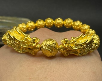 Imperial Dragon Splendor: 24K Pure Gold Bracelet with Majestic Dragon Balls and Money Balls Fengshui Bracelet