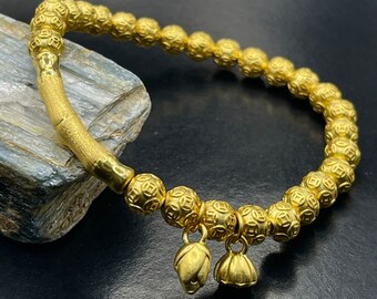 Elegance in Simplicity: 24K Real Gold Bracelet with Bamboo and Lotus Motifs 24k 9999 Gold 6mm Beads with Dangling Lotus Fortune Bracelet