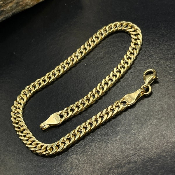 18K Real Gold Flat Curb Cuban Chain Bracelet for Unisex gift for her him