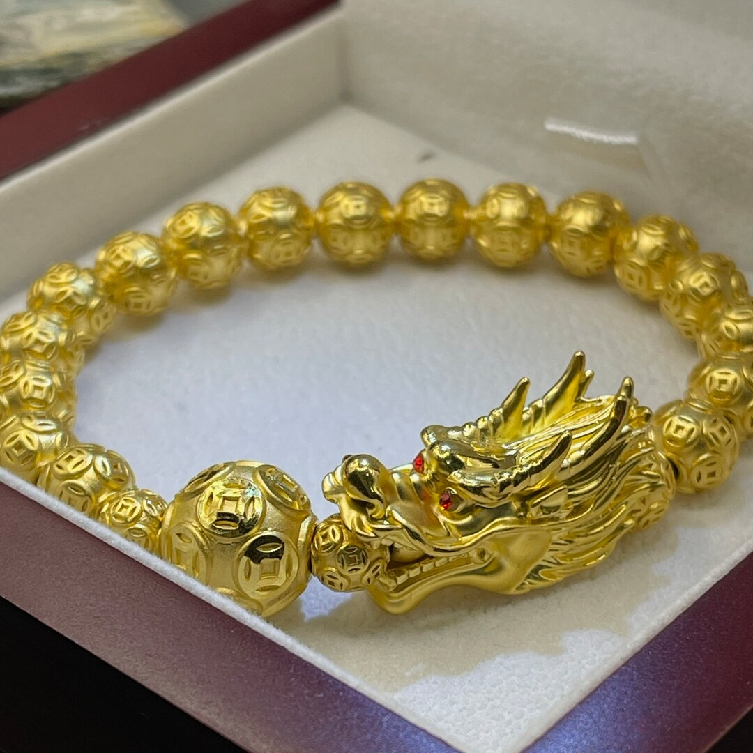 24karat Real All Gold Bracelet Dragon and Money Balls Feng Shui Lucky Charm Bracelet Jewelry Etsy