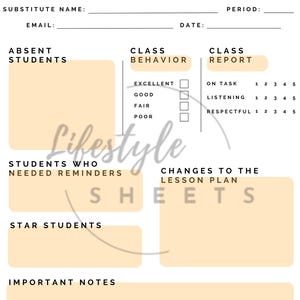 Peut inclure: Un formulaire imprimable pour enseignant remplaçant en classe avec le titre "While you were out..." Le formulaire comprend des sections pour les élèves absents, le comportement en classe, le rapport de classe, les élèves qui ont eu besoin de rappels, les modifications au plan de leçon, les élèves vedettes et les notes importantes.