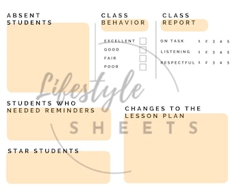 May include: A printable classroom substitute teacher form with the title "While you were out..."  The form includes sections for absent students, class behavior, class report, students who needed reminders, changes to the lesson plan, star students, and important notes.