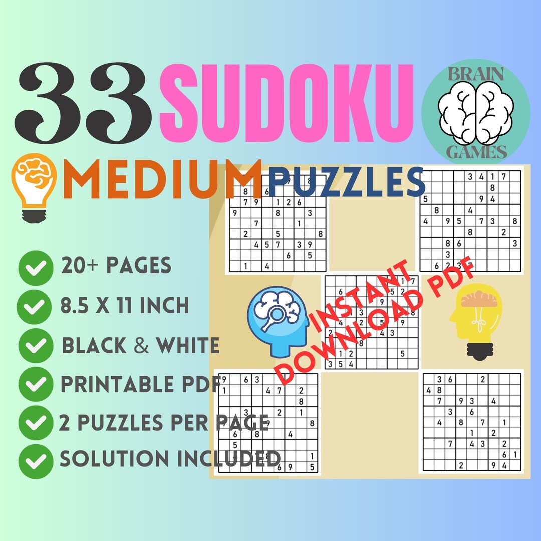 33 Sudoku Puzzles for the Elderly Printable Instant Digital Download