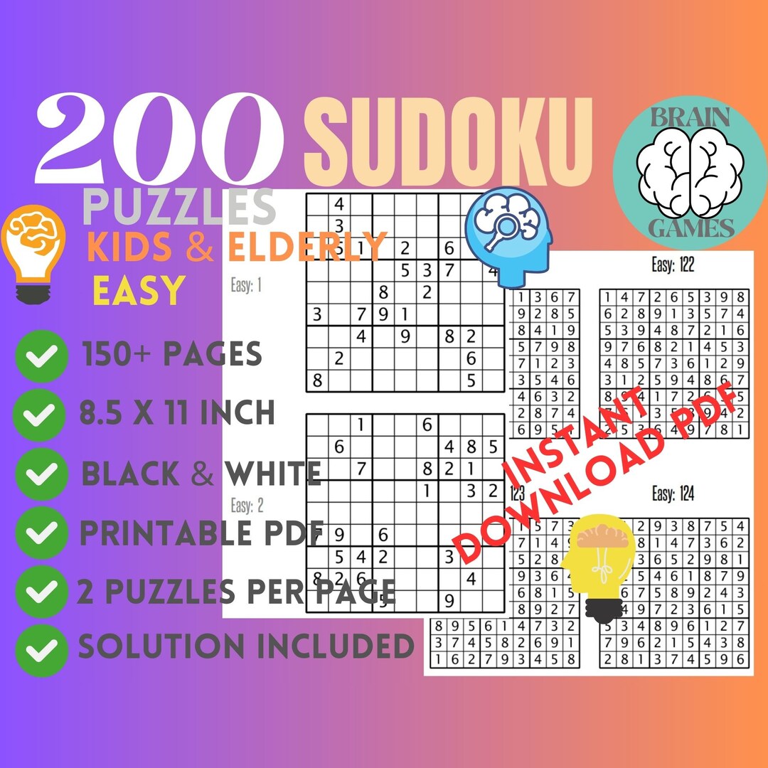 200 Sudoku Puzzles for Kids Elderly Printable Instant Digital Download