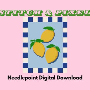 Puede incluir: Patrón de descarga digital de punto de aguja con tres limones amarillos con hojas verdes en un marco a cuadros azul y blanco. El texto "STITCH & PIXEL" está por encima del marco y "Needlepoint Digital Download" está por debajo del marco.