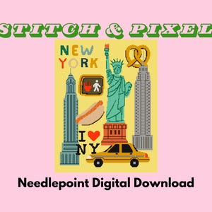 May include: Needlepoint pattern featuring a yellow taxi, the Statue of Liberty, a pretzel, and the words "New York" and "I Love NY".