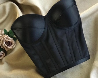 Bustier, top corsetto Corsetto corto in raso nero, top corsetto, corsetto da sposa