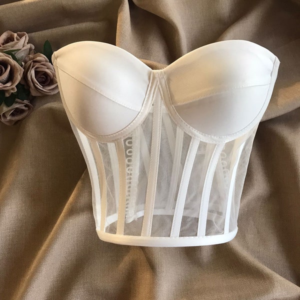 Blanc transparent, corset de mariage, corset court, haut de corset, corset de mariée