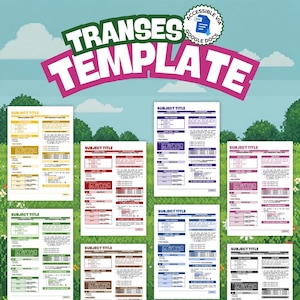 May include: A digital template collection titled TRANSES TEMPLATE with an accessible Google Docs icon. The image displays seven distinct document layouts featuring sections for subject titles, topic overviews, and content structure formats.