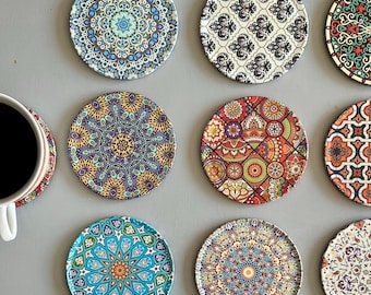 Turkish Tile Pattern Metal Coaster,Tea Table Decor,Ottoman Art, Boho Decor