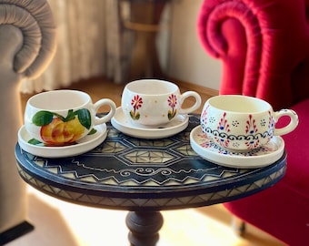 Hand-Painted Turkish Ceramic Coffee Cup: 7 oz Vintage Style Mug